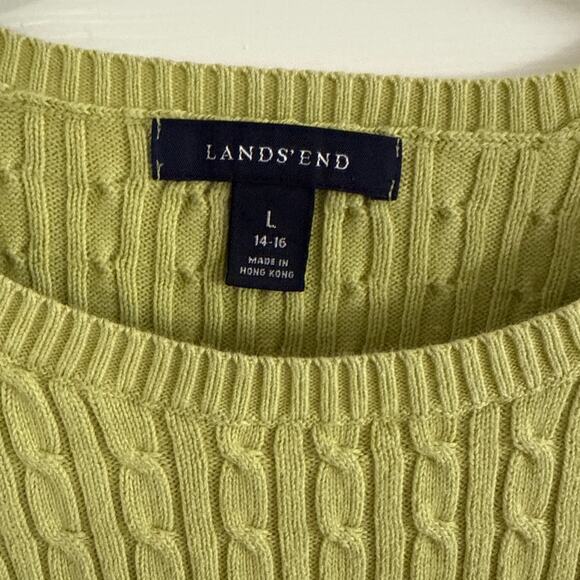 Lands' End Womens Cable Knit Sweater Large Preppy Old Money Crew Avocado Green - Picture 3 of 7